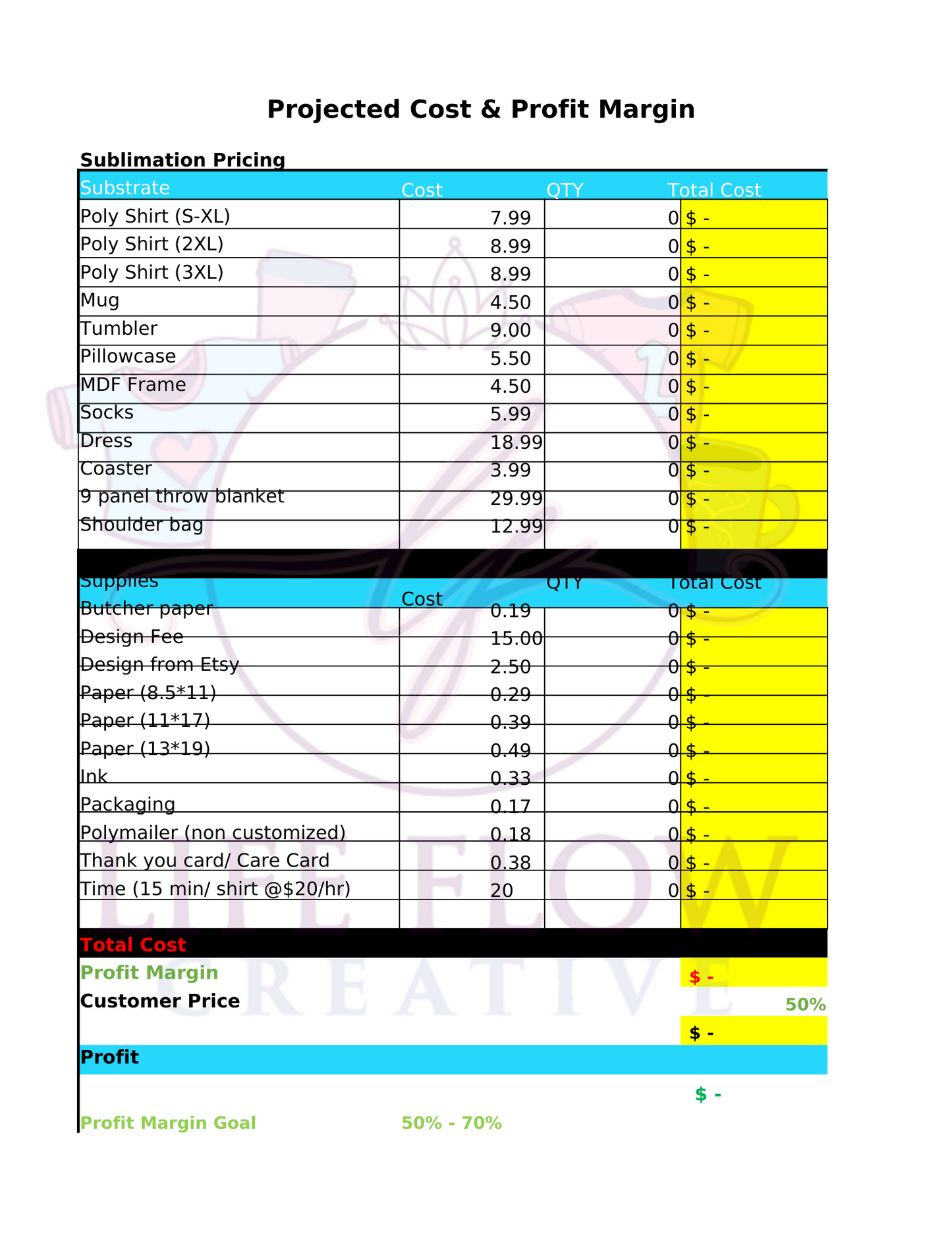 Sublimation Pricing Sheet-Excel